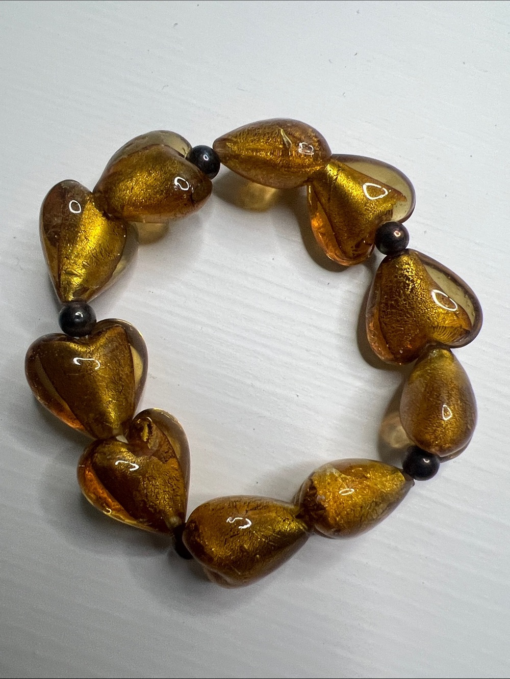 Vintage Amber Glass Heart Bead Bracelet - Stretch